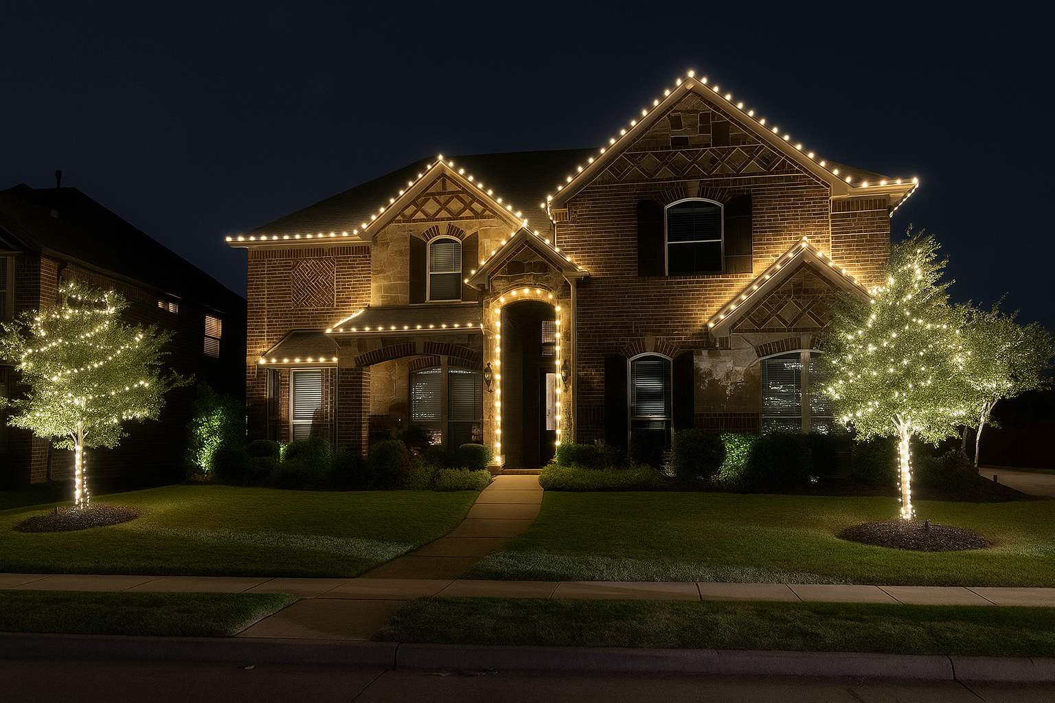 Traditional warm white Christmas lights outlining a residential roofline and wrapped trees