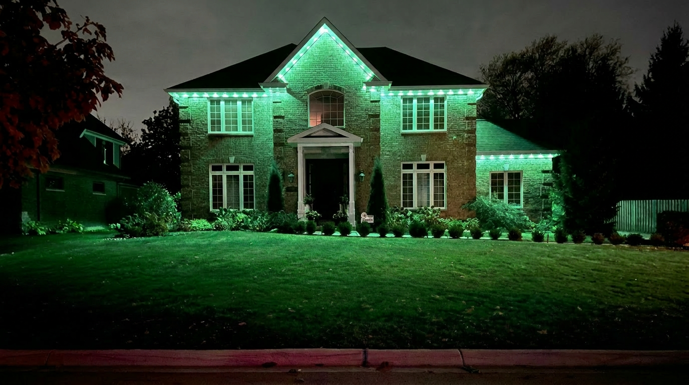 Home with permanent track lighting illuminating the roofline in color at night